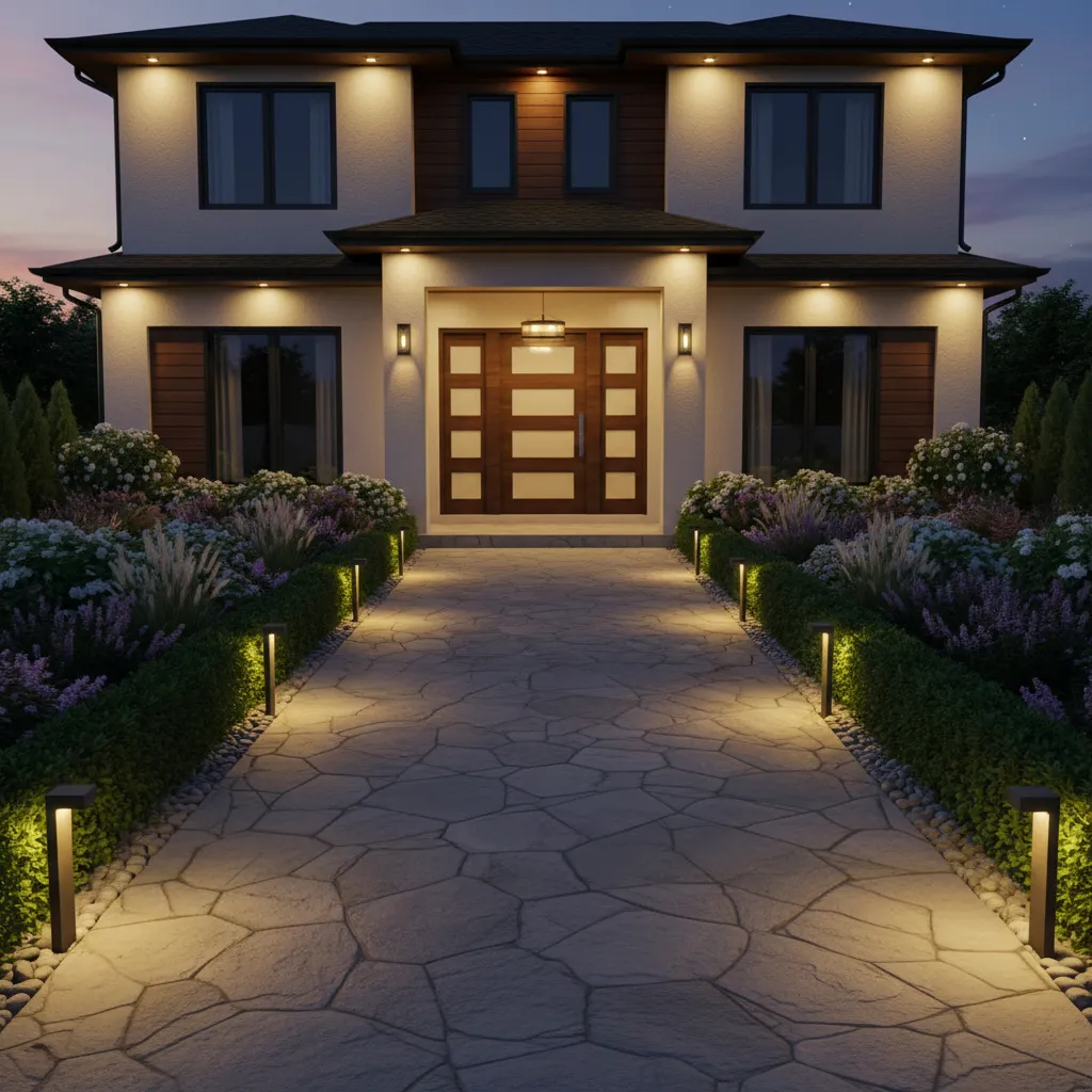 Pathway lighting guiding visitors to a house entrance