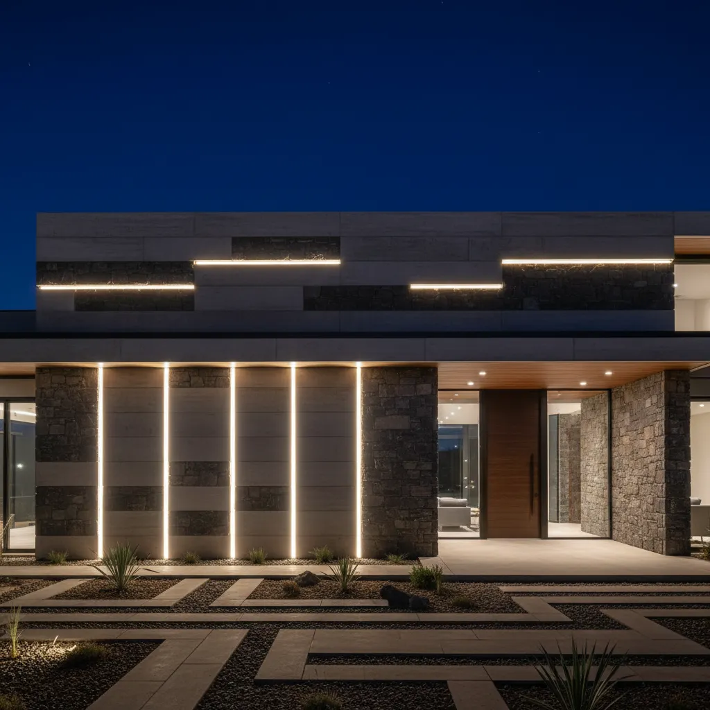 Muro frontal con iluminación LED integrada por la noche