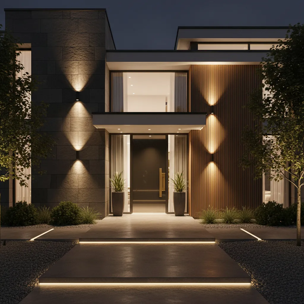 Exterior wall tiles highlighted with warm lighting at night