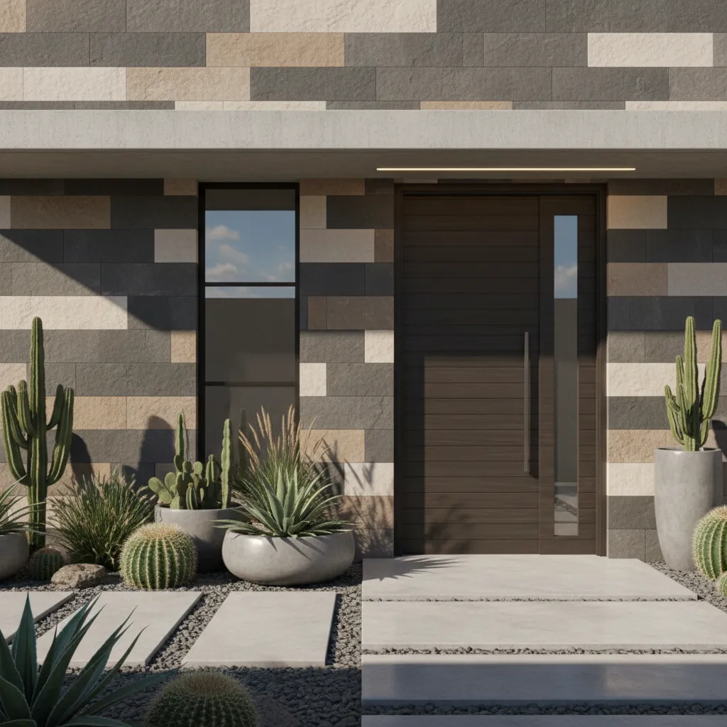 Home entrance wall with textured stone look tiles used as exterior facade
