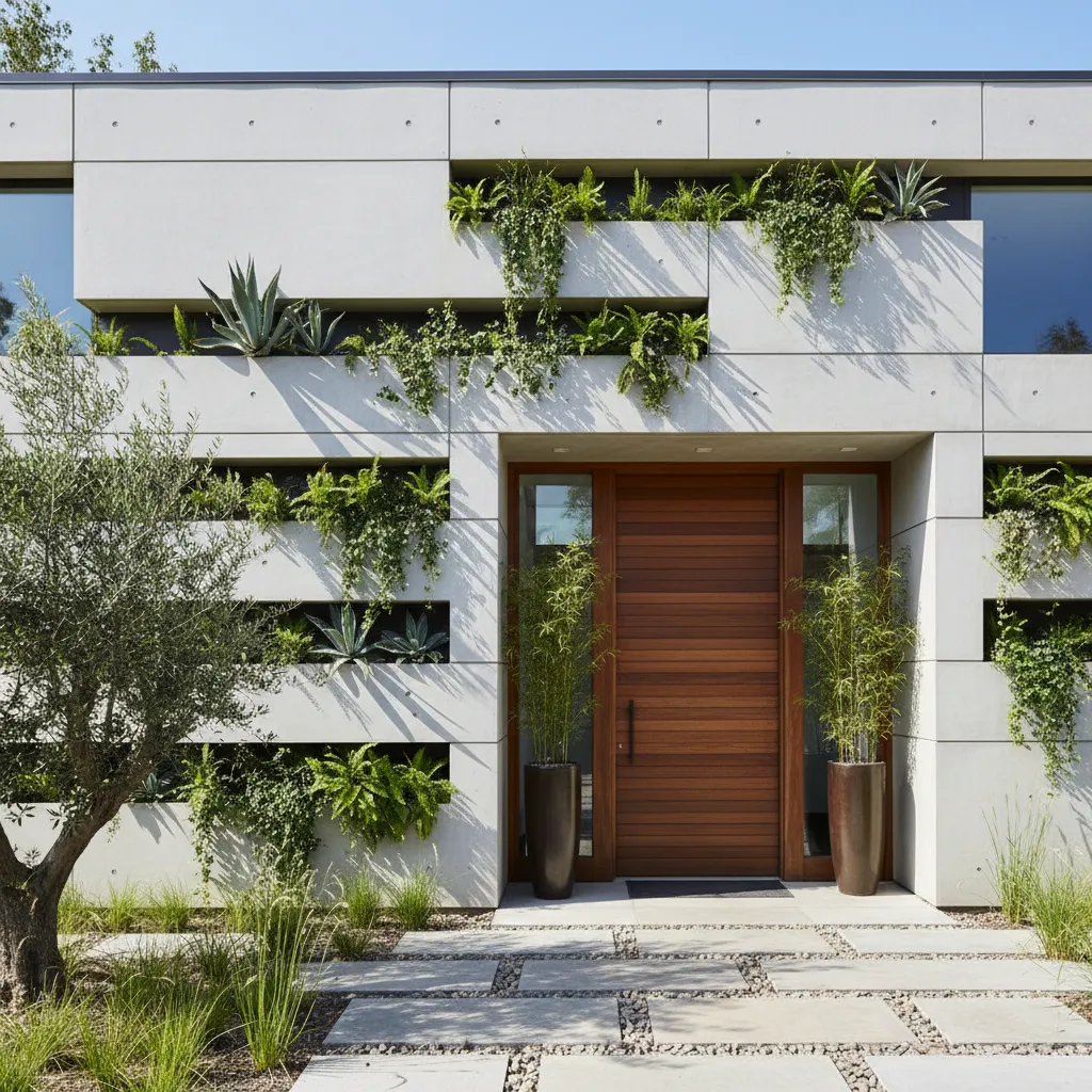 Muro frontal con jardineras integradas y diseño moderno
