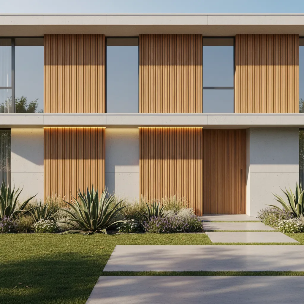 Muro frontal con listones de madera y concreto