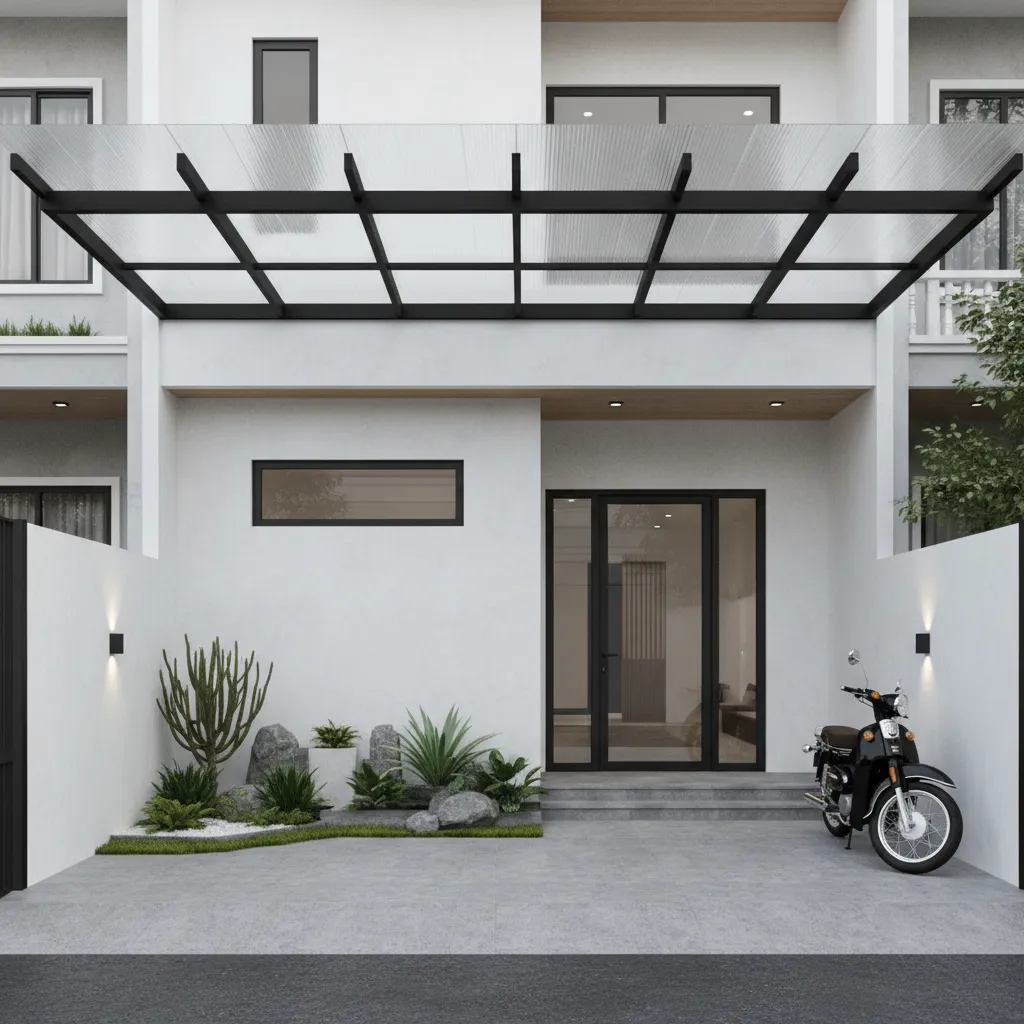 Modern house entrance with black metal roof cover glass door black motorcycle and small garden