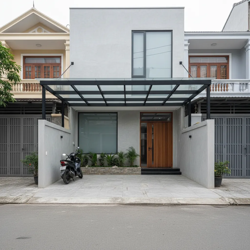 Thiết kế mái che sân trước nhà ống đẹp và bền