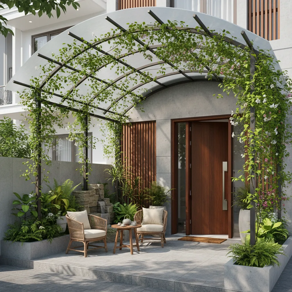 Curved patio cover with green plants above two chairs and table near small stone fountain
