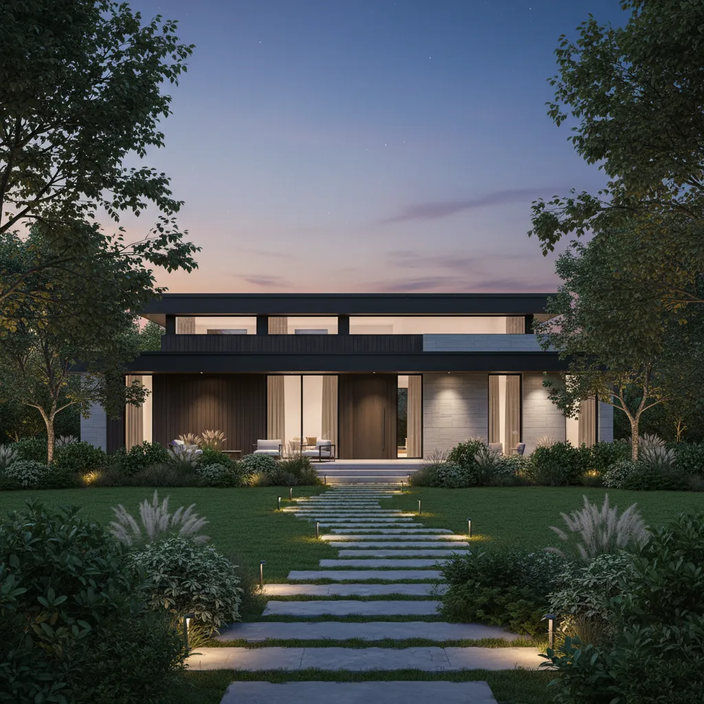 3D rendered house exterior with landscaped front yard and improved curb appeal