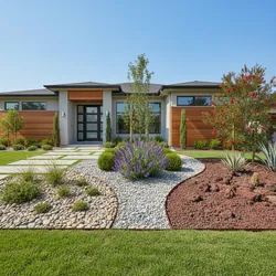 Modern house front yard using curved garden beds with grey pebbles red rocks and green plants