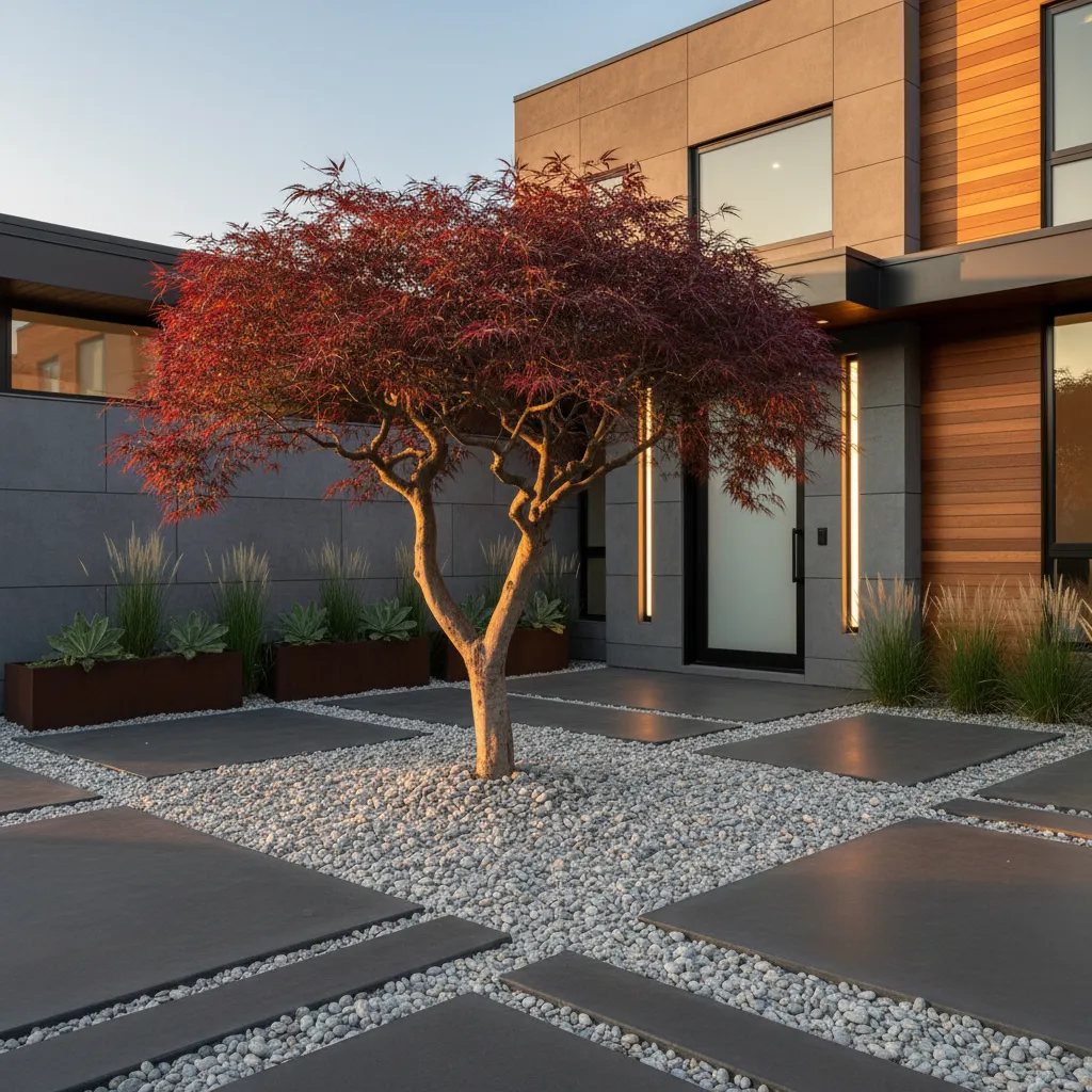 Árbol ornamental como punto focal en jardín delantero de casa moderna