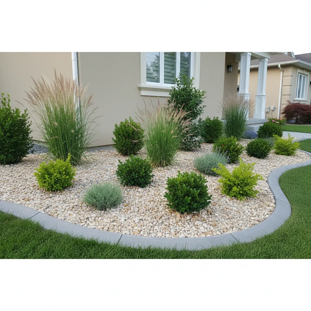 Front yard flower bed with gravel mulch and small shrubs