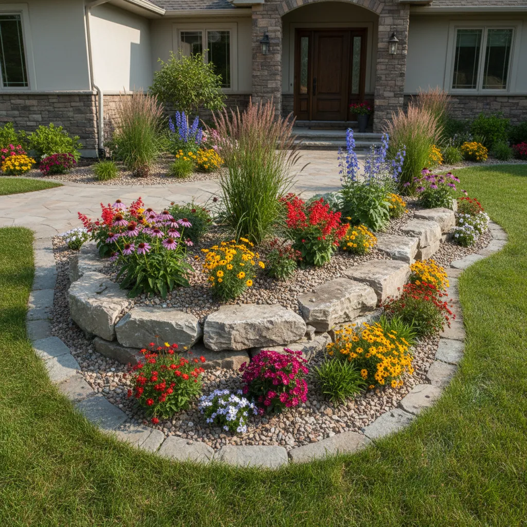 Beautiful front yard garden featuring large rocks, colorful flowers, tall grass, and a stone path