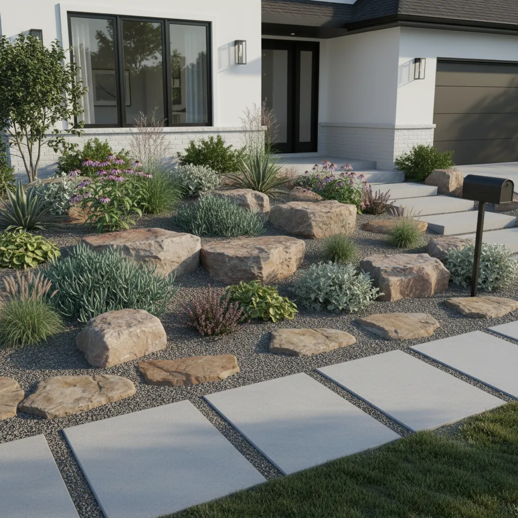 Front yard rock garden layout with drought tolerant plants and decorative stones