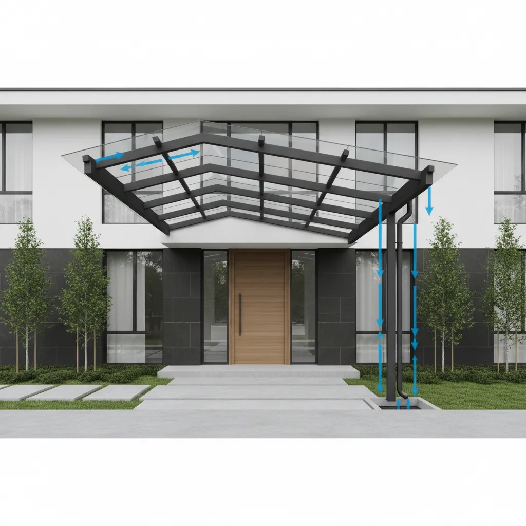 Glass roof over wood door with blue arrows showing water drainage system for a home