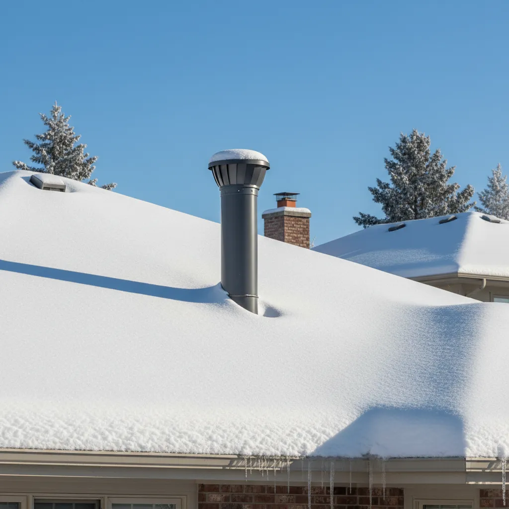 Frost free plumbing vent cap with extended pipe above snowy roof