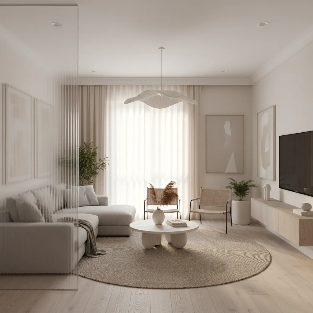 frosted acrylic partition diffusing soft light in modern living room