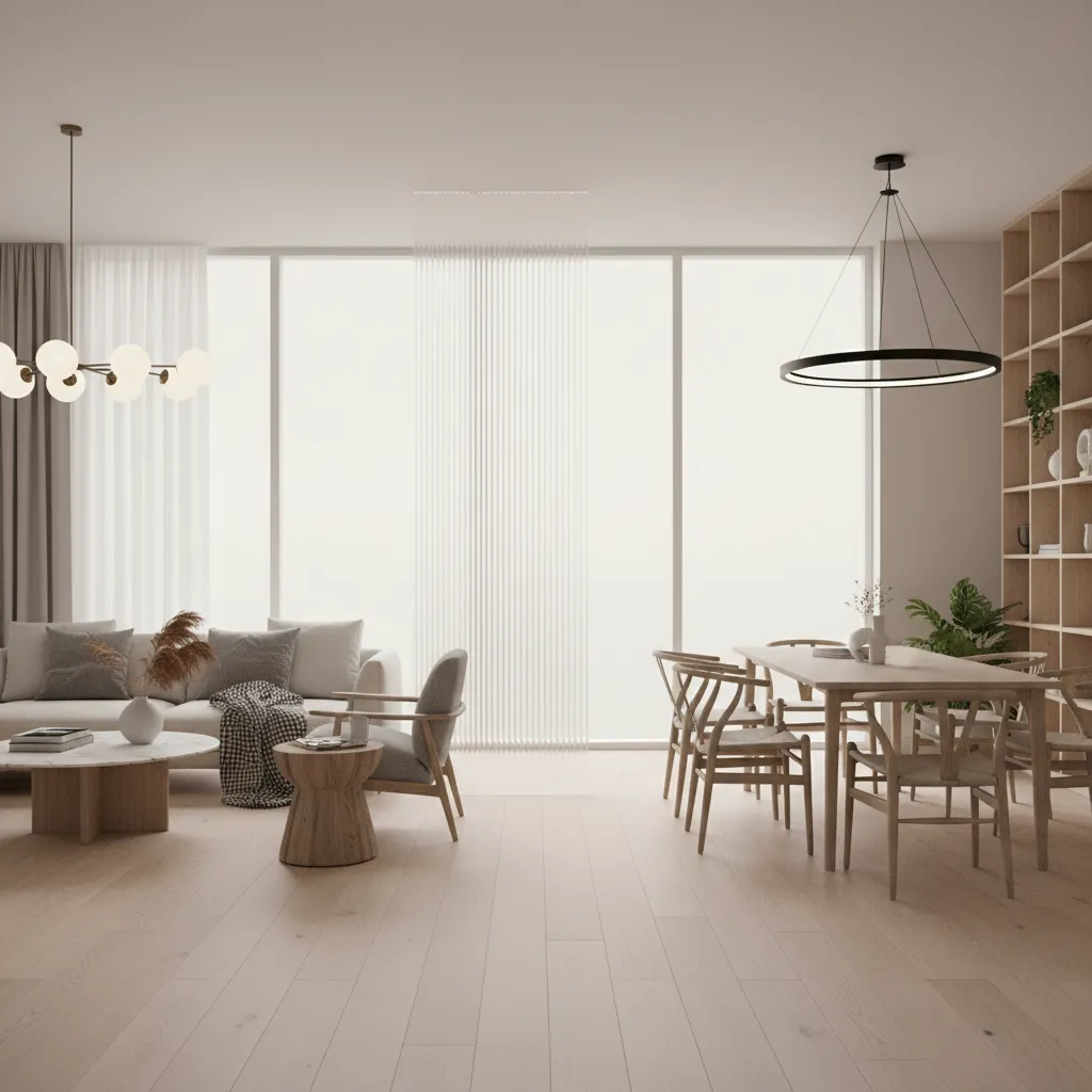 Frosted acrylic partition between living room and dining space