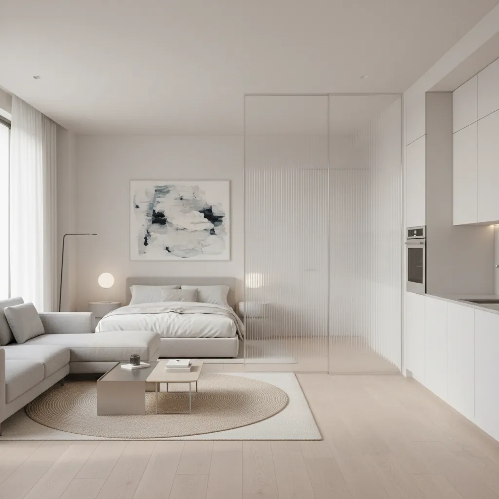 Frosted acrylic divider separating bedroom and living space in studio apartment