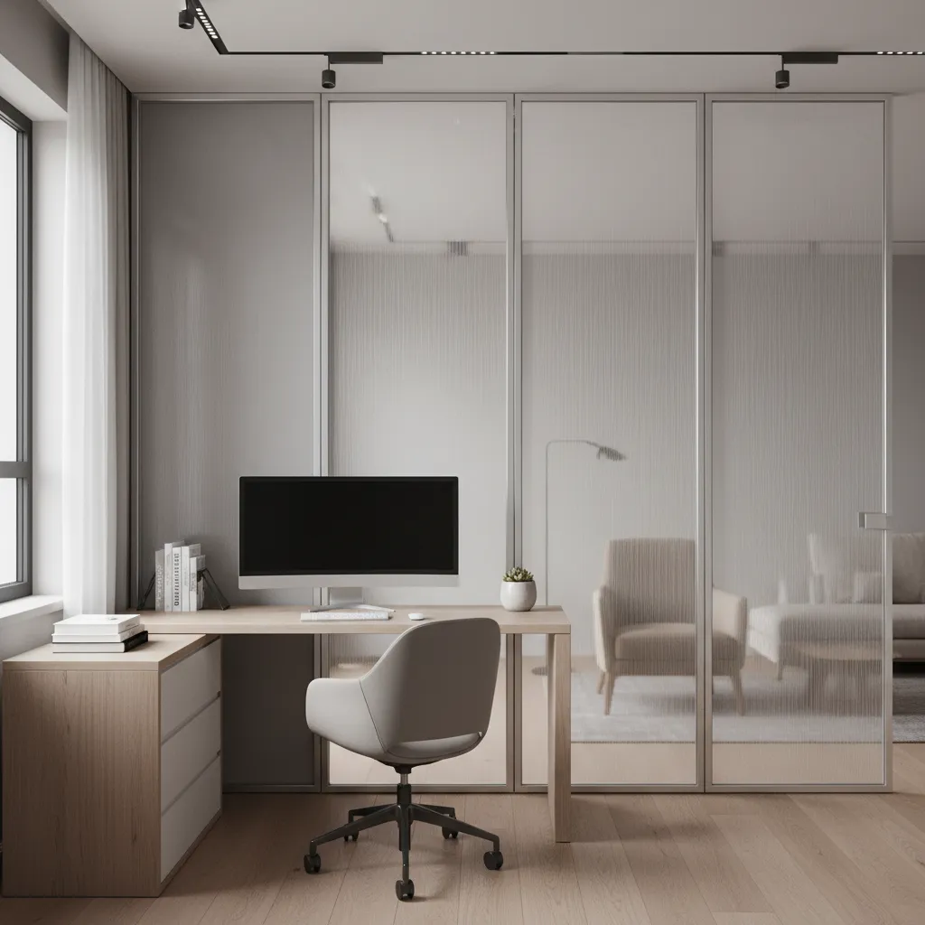 frosted glass aluminium partition creating private home office space