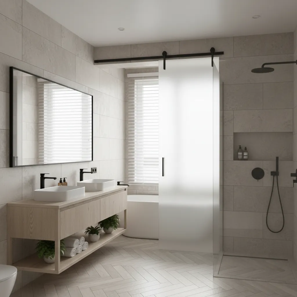 Contemporary bathroom interior with elegant frosted glass door design