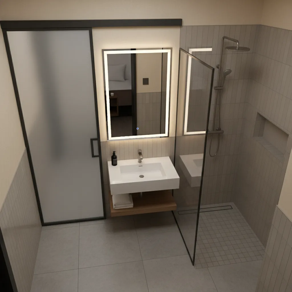 Bathroom layout with sliding frosted glass door and compact vanity arrangement