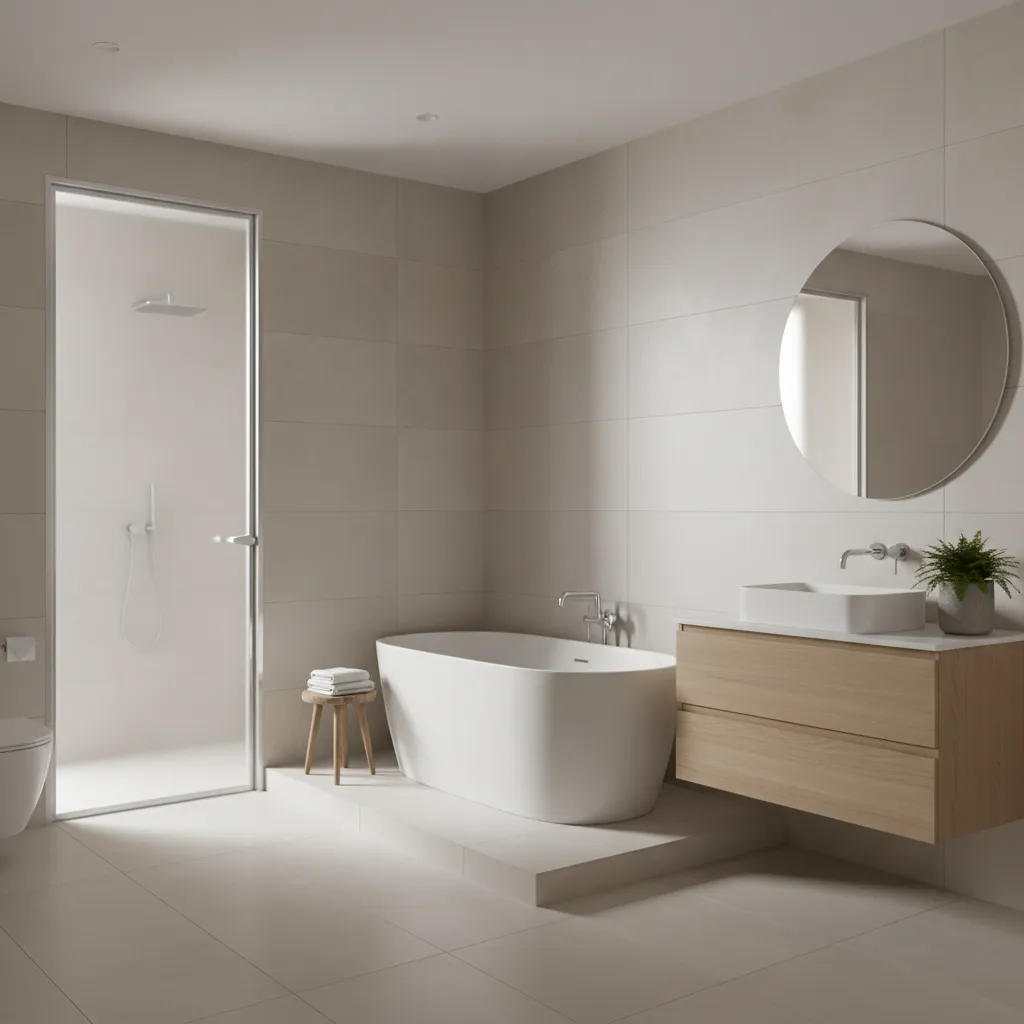 Modern bathroom with frosted glass door providing privacy