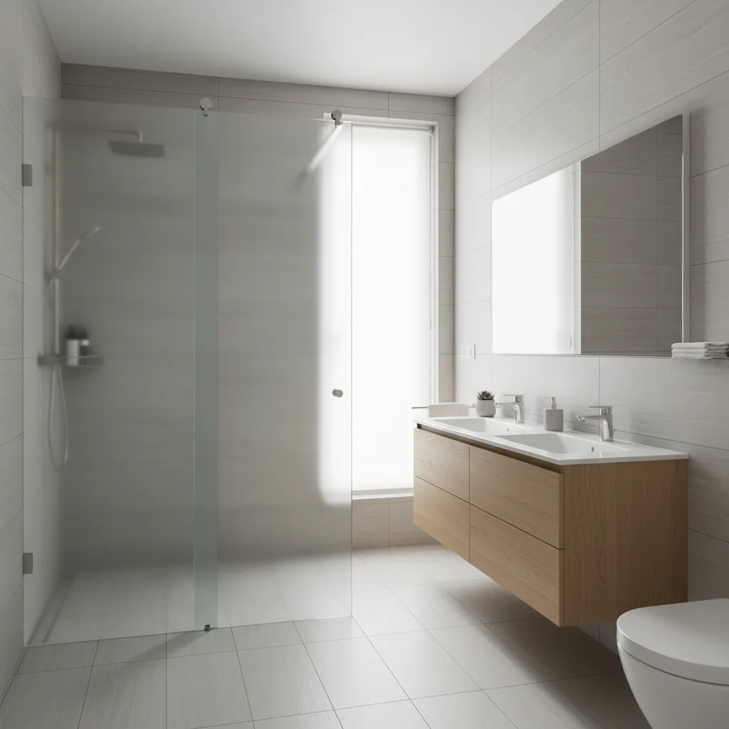 modern bathroom interior with frosted glass shower door and soft natural lighting