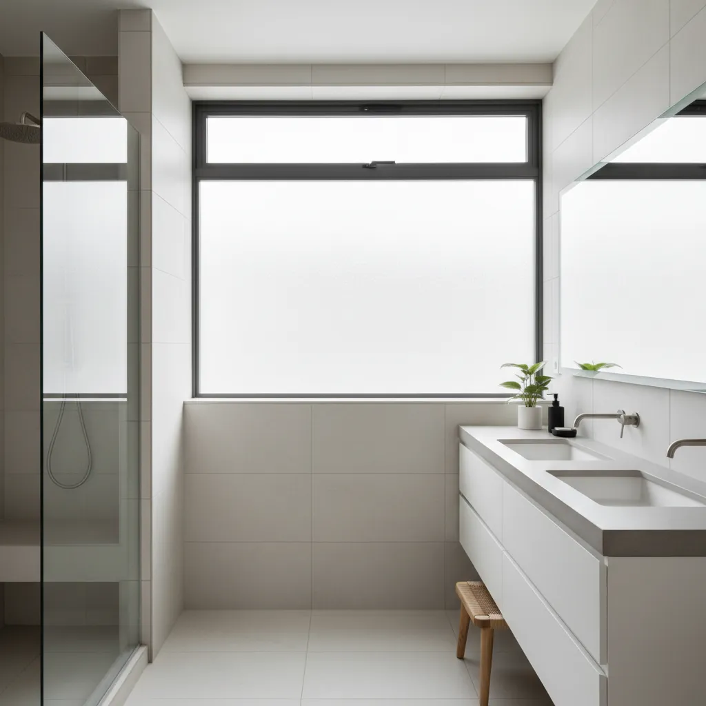 Frosted glass aluminum bathroom window diffusing natural light