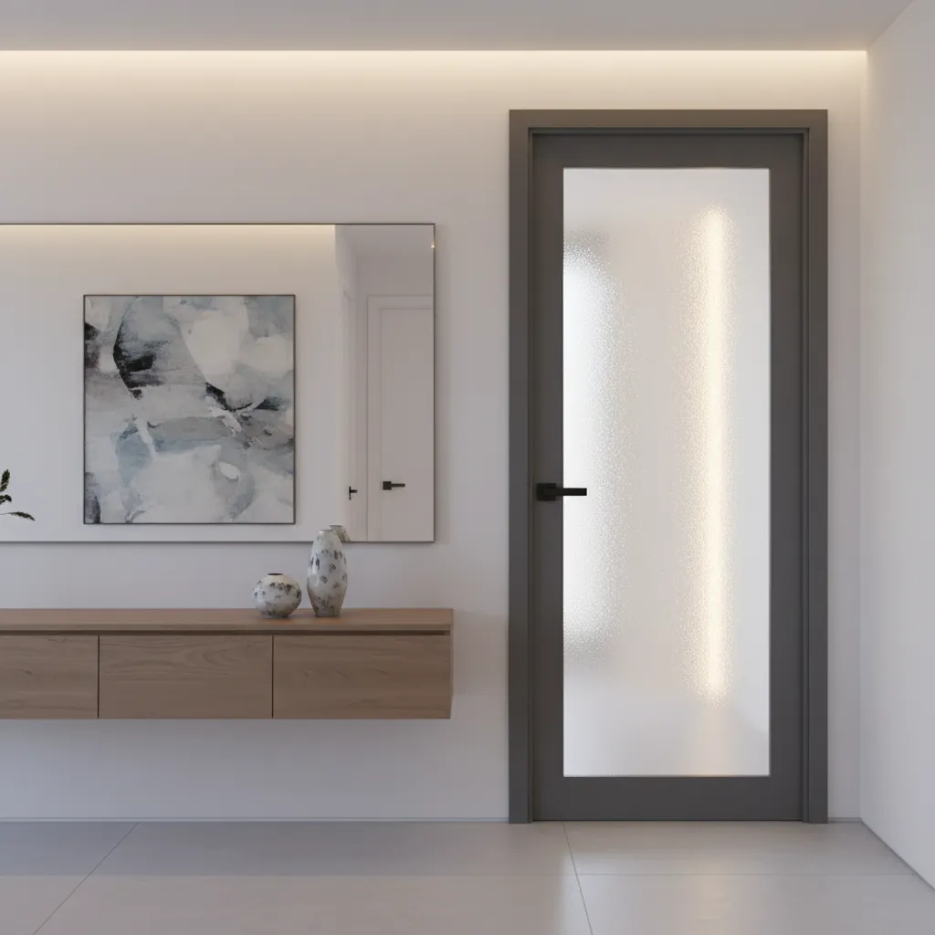 fiber bathroom door with frosted glass panel allowing light