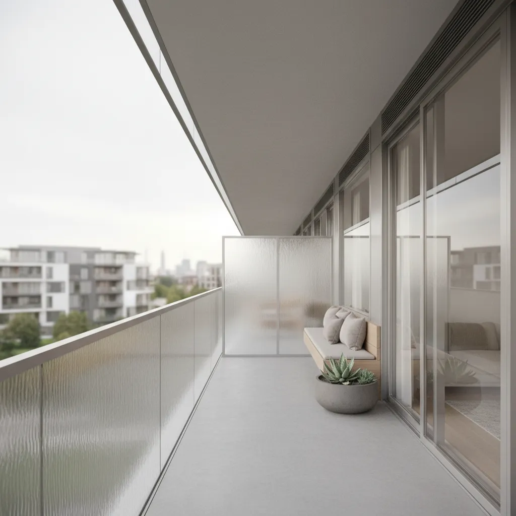 frosted glass parapet wall providing privacy on balcony