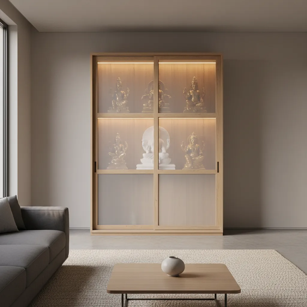 Small mandir cabinet with frosted glass doors and soft interior lighting