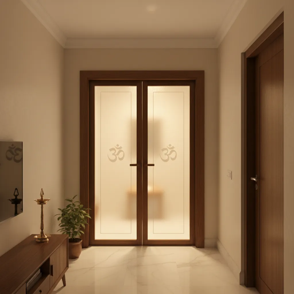 Frosted glass double doors with Om motif for a pooja room