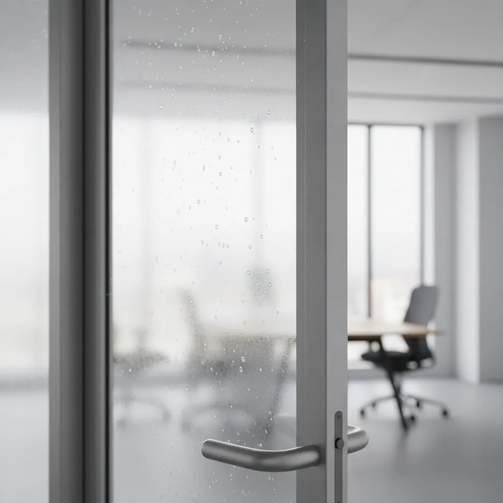 Close view of air bubbles trapped under frosted glass vinyl on an office door