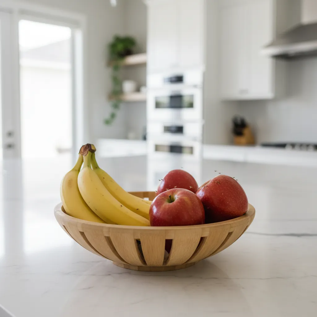 Small fruit flies hovering around a fruit bowl on a kitchen counter