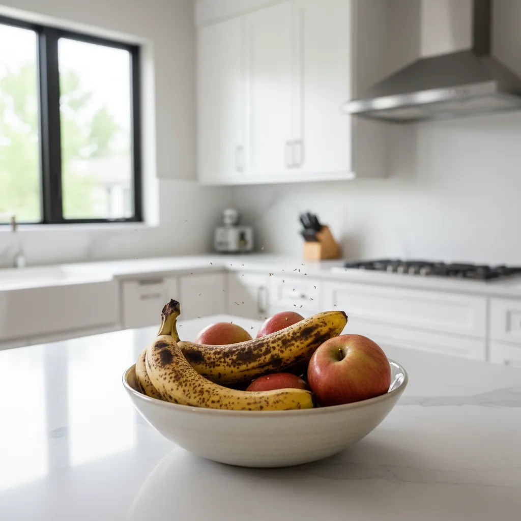 fruit flies around overripe fruit bowl on kitchen counter