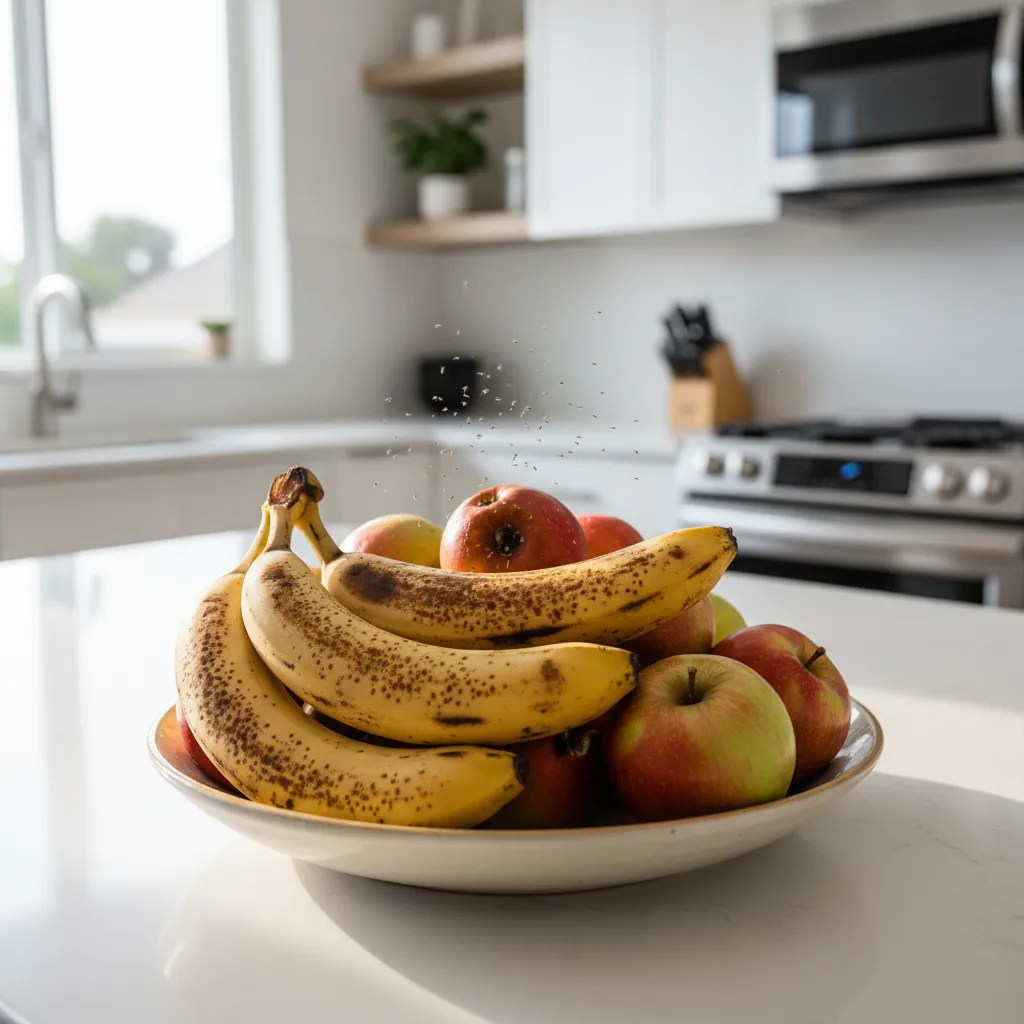 small fruit flies hovering around overripe fruit bowl on kitchen counter
