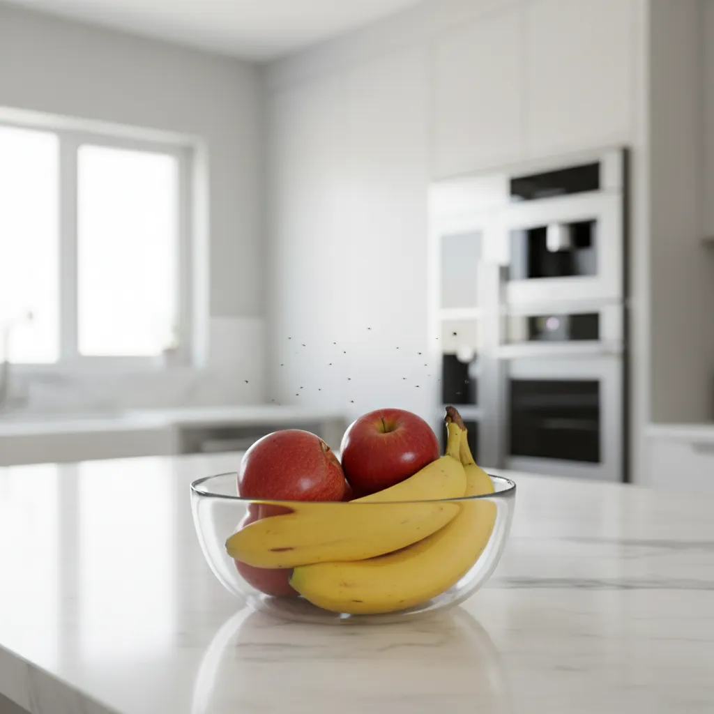 Fruit flies hovering around ripe fruit bowl on kitchen counter