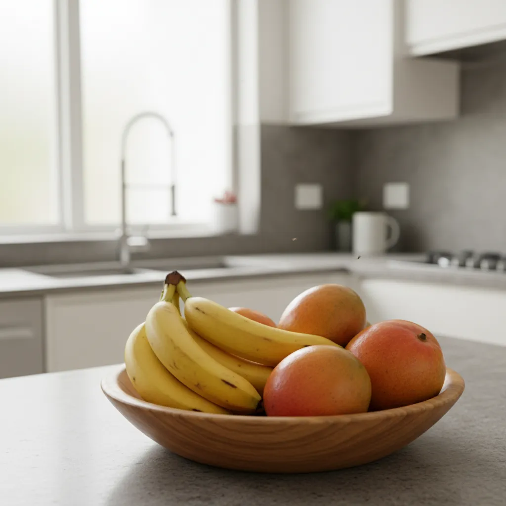 small fruit flies hovering near ripe fruit bowl on kitchen counter