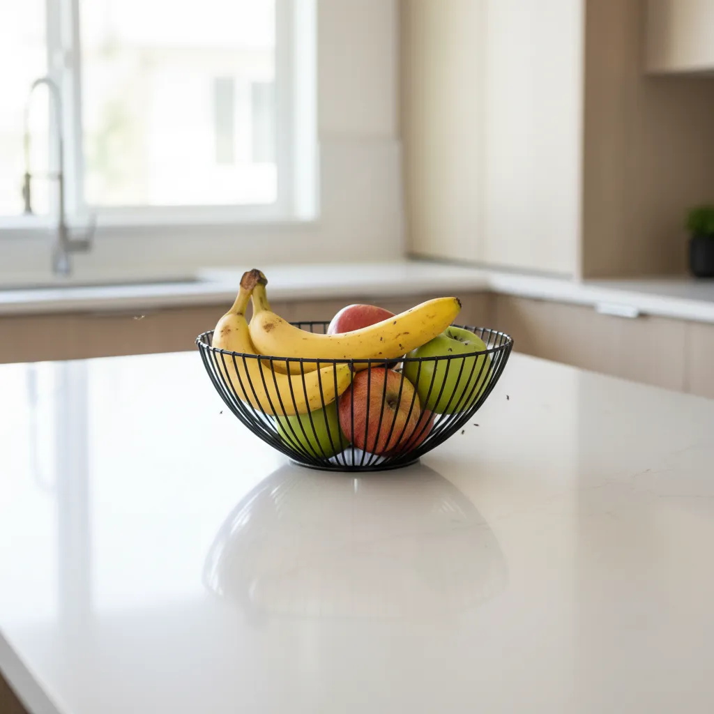 small fruit flies hovering near fruit bowl on kitchen counter