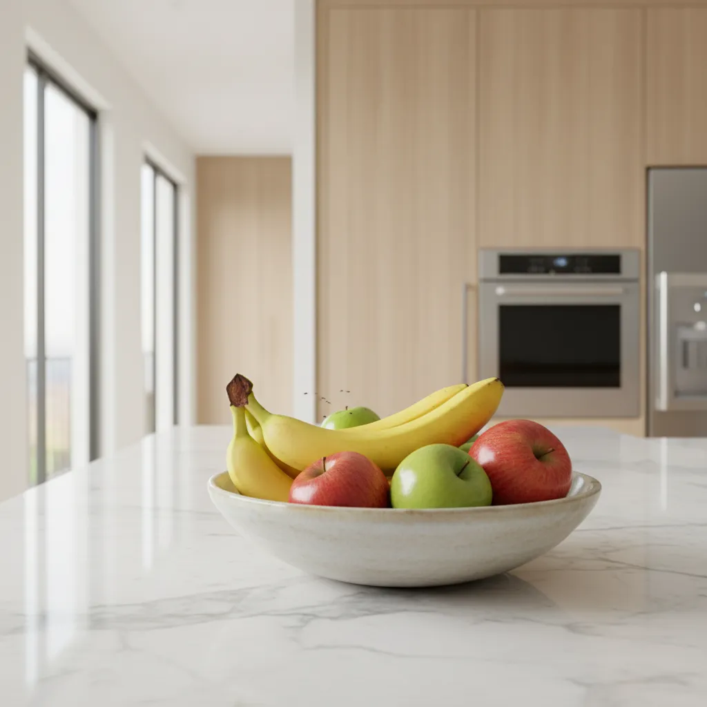 fruit flies hovering around ripe fruit on kitchen counter