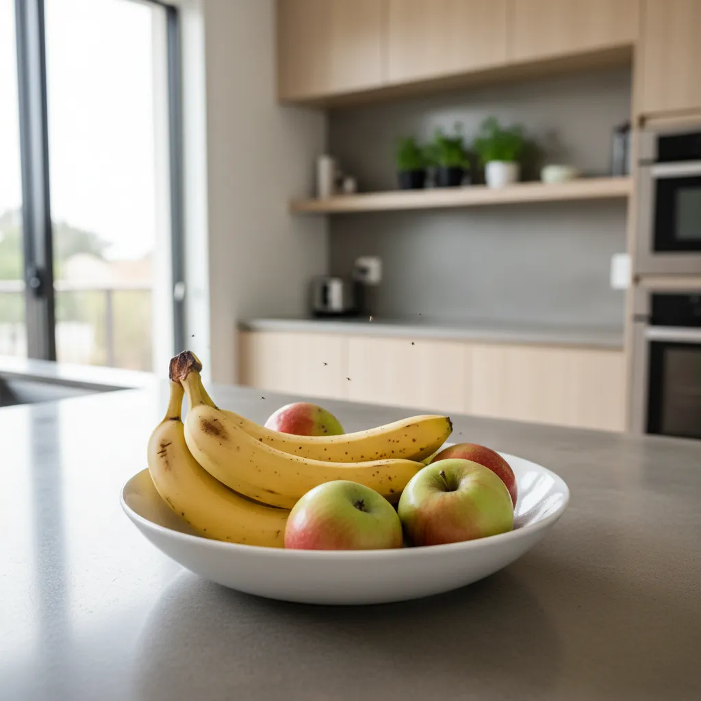 Small fruit flies hovering around overripe fruit bowl in kitchen