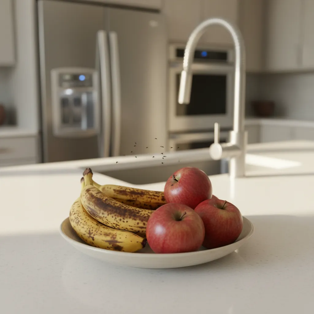 Fruit flies hovering around overripe fruit on a kitchen counter