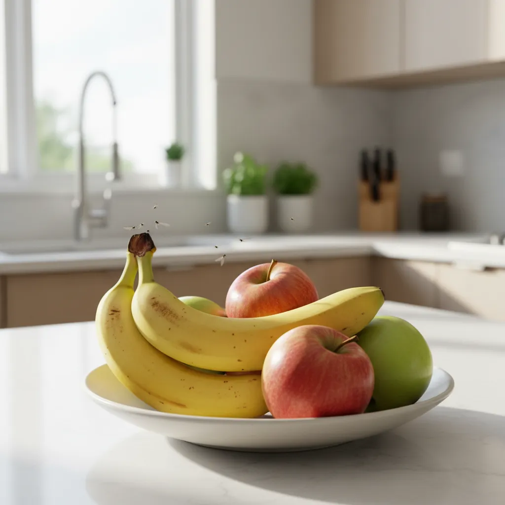 fruit flies hovering near ripe fruit on kitchen counter