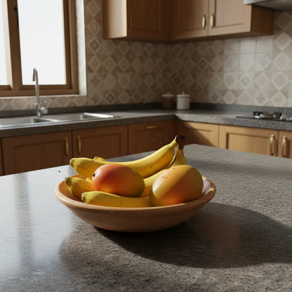 fruit flies hovering around ripe fruit bowl on kitchen counter
