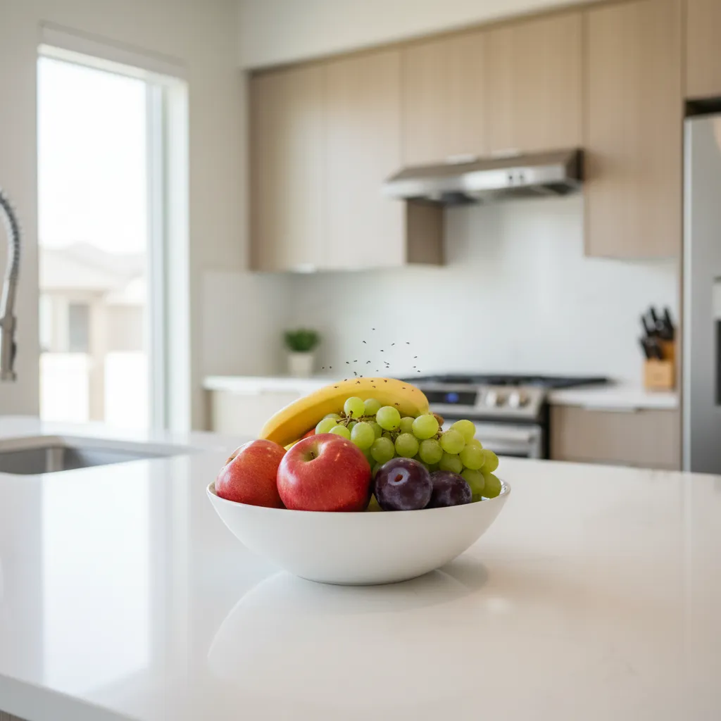 small fruit flies hovering around fruit bowl on kitchen counter