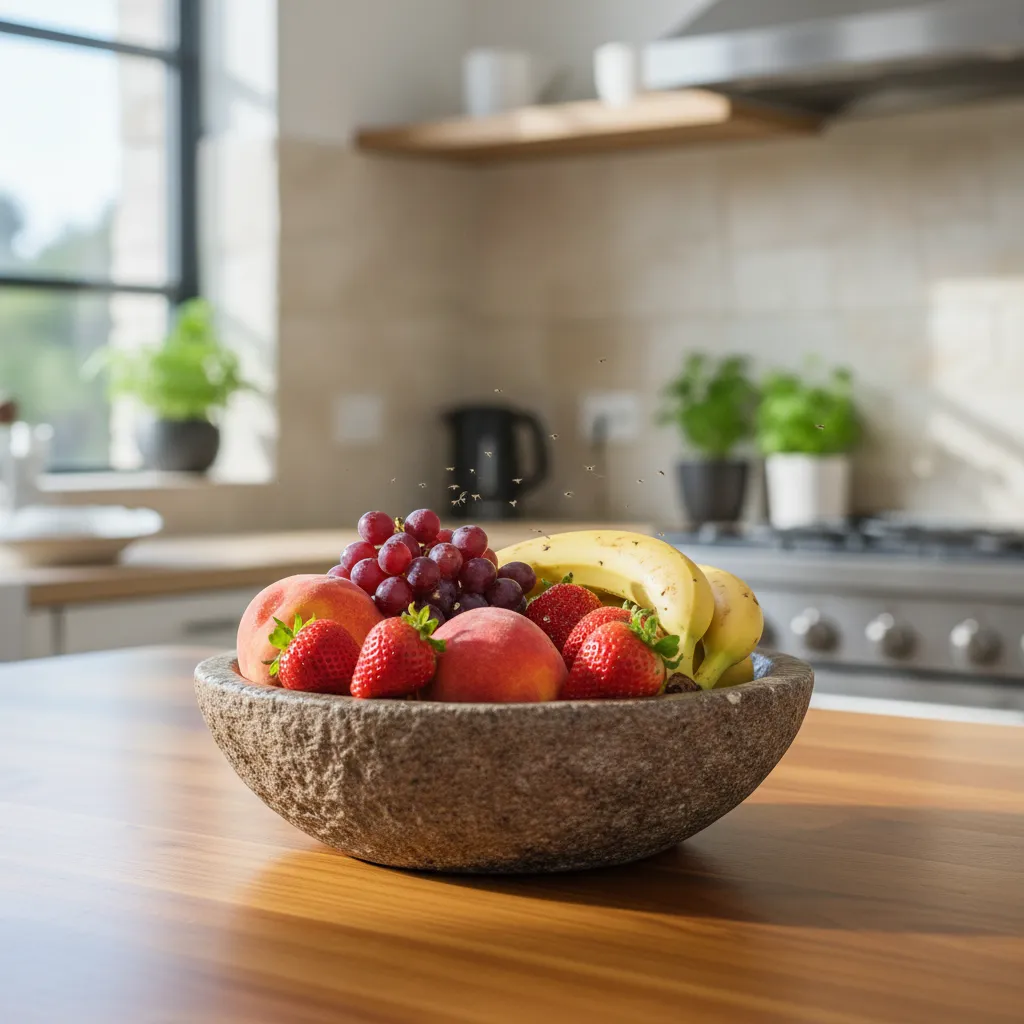 small fruit flies hovering around fruit bowl on kitchen counter