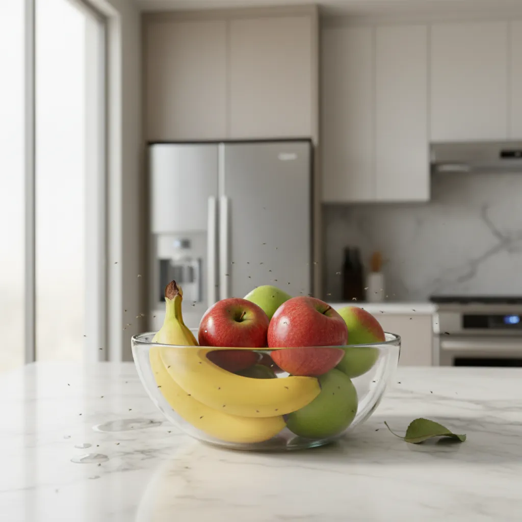 Fruit bowl on kitchen counter attracting tiny fruit flies