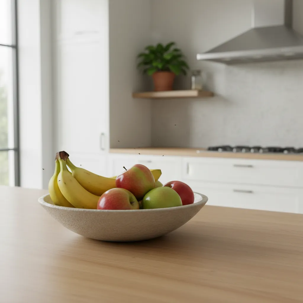A bowl of fresh apples and bananas sitting on a wooden kitchen island with flies