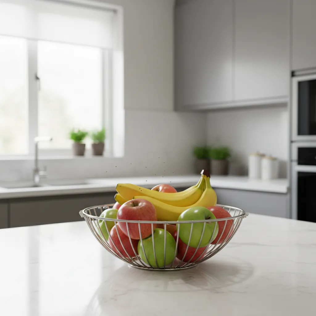 small fruit flies hovering near fruit bowl on kitchen counter