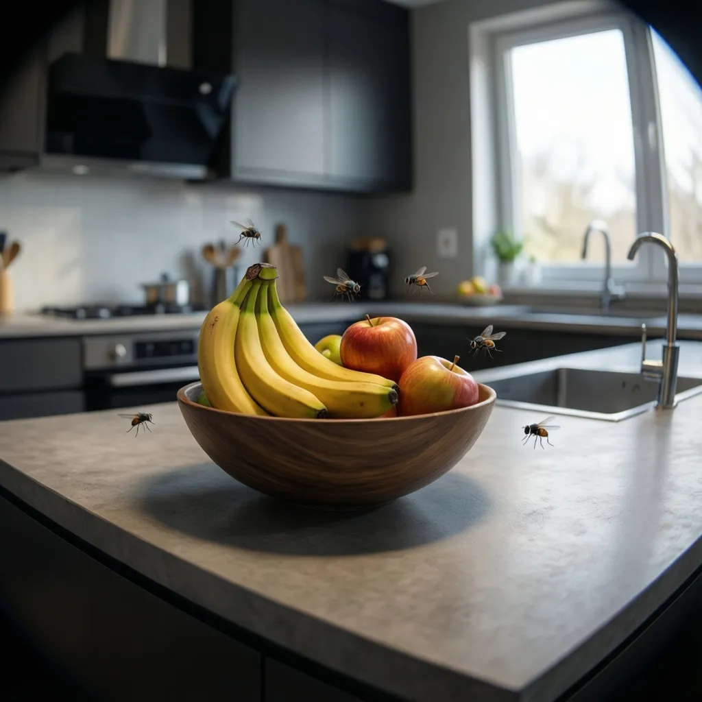 small flies hovering around fruit bowl on kitchen counter