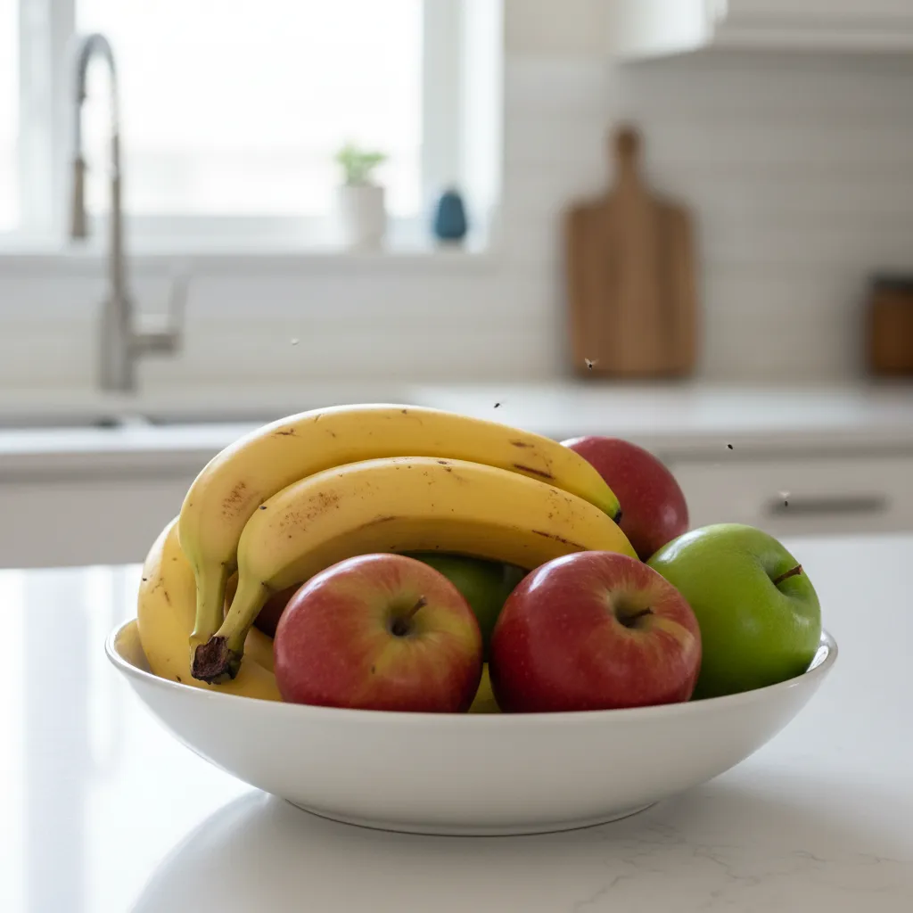 fruit bowl on kitchen counter attracting small fruit flies