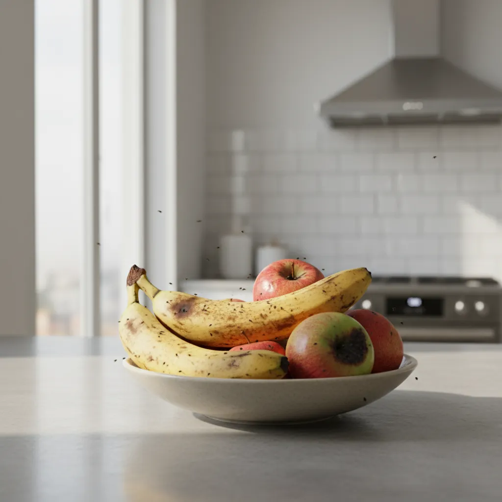 small fruit flies hovering around overripe bananas on a kitchen counter